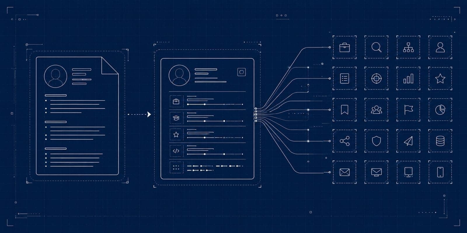 Diagram: CV diubah menjadi profil terstruktur, lalu disebarkan ke puluhan platform kerja